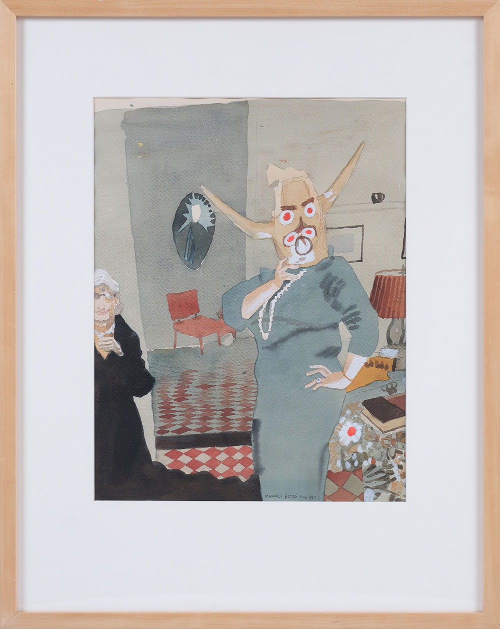 A painting depicts a person in a light green dress wearing a beige horned mask while another figure, left, in a black dress laughs while seated to the left of the frame.
