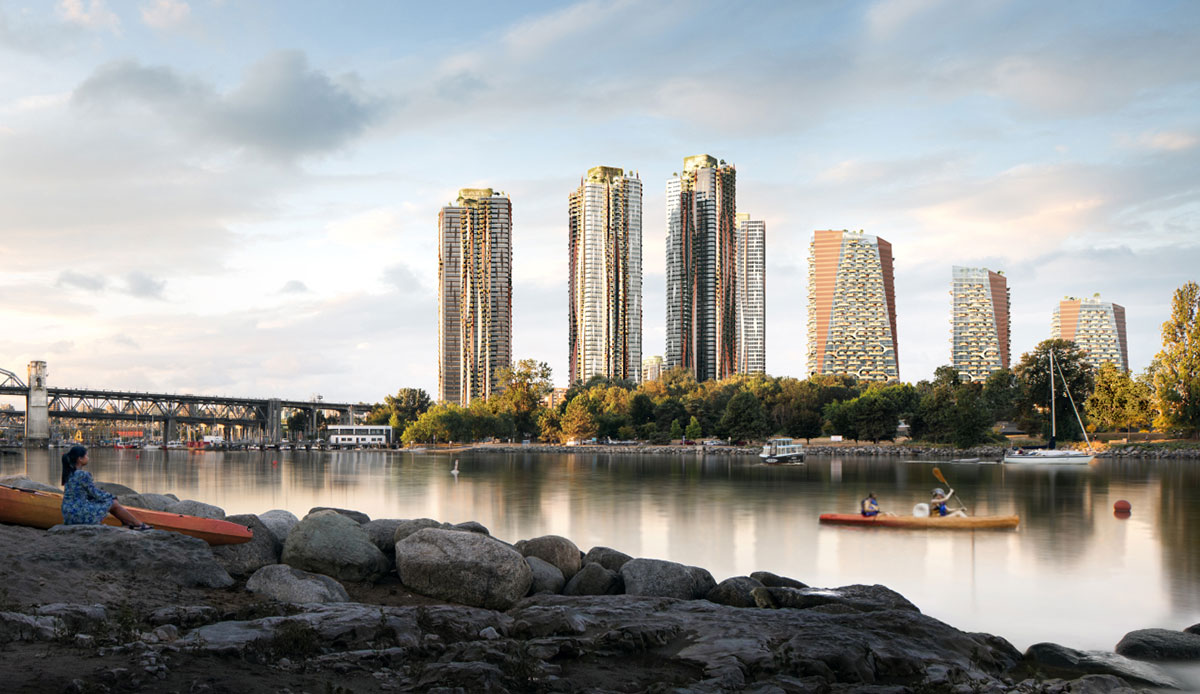 A rendering of striking new towers with garden balconies rising from the banks of a creek.