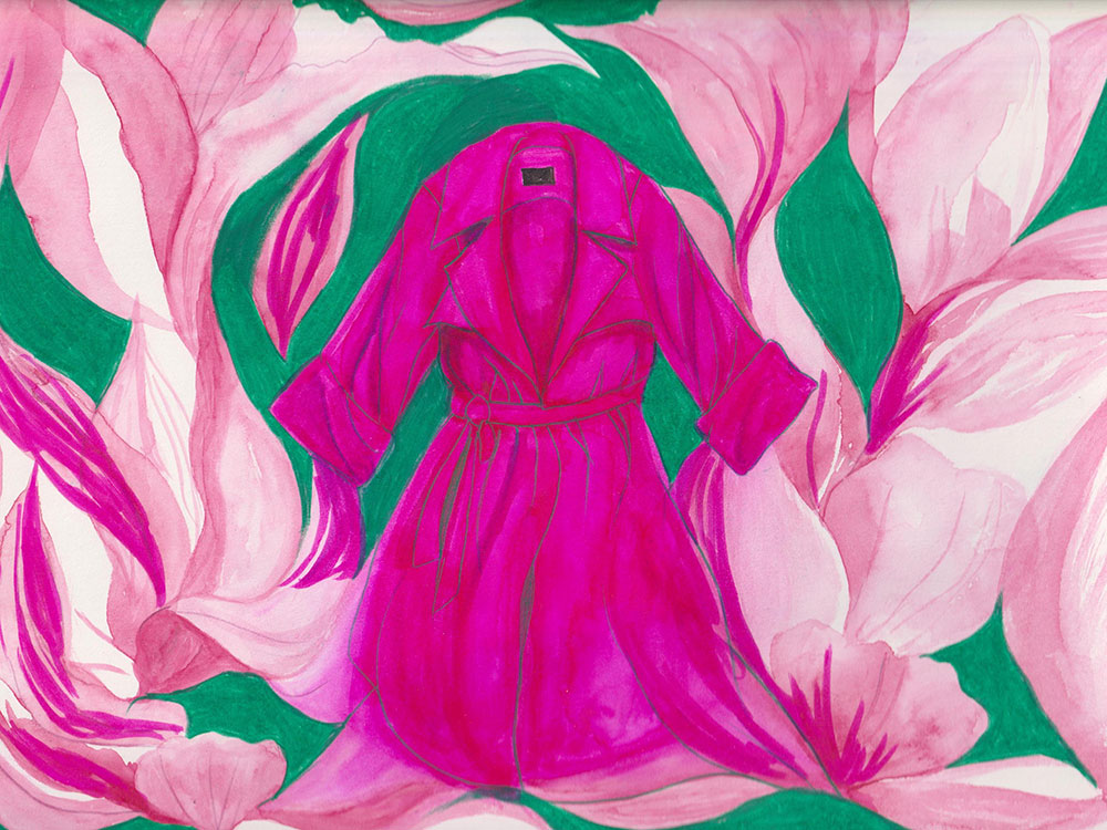An illustration of a fuchsia trench coat on top of a pink floral background with green leafy accents. 