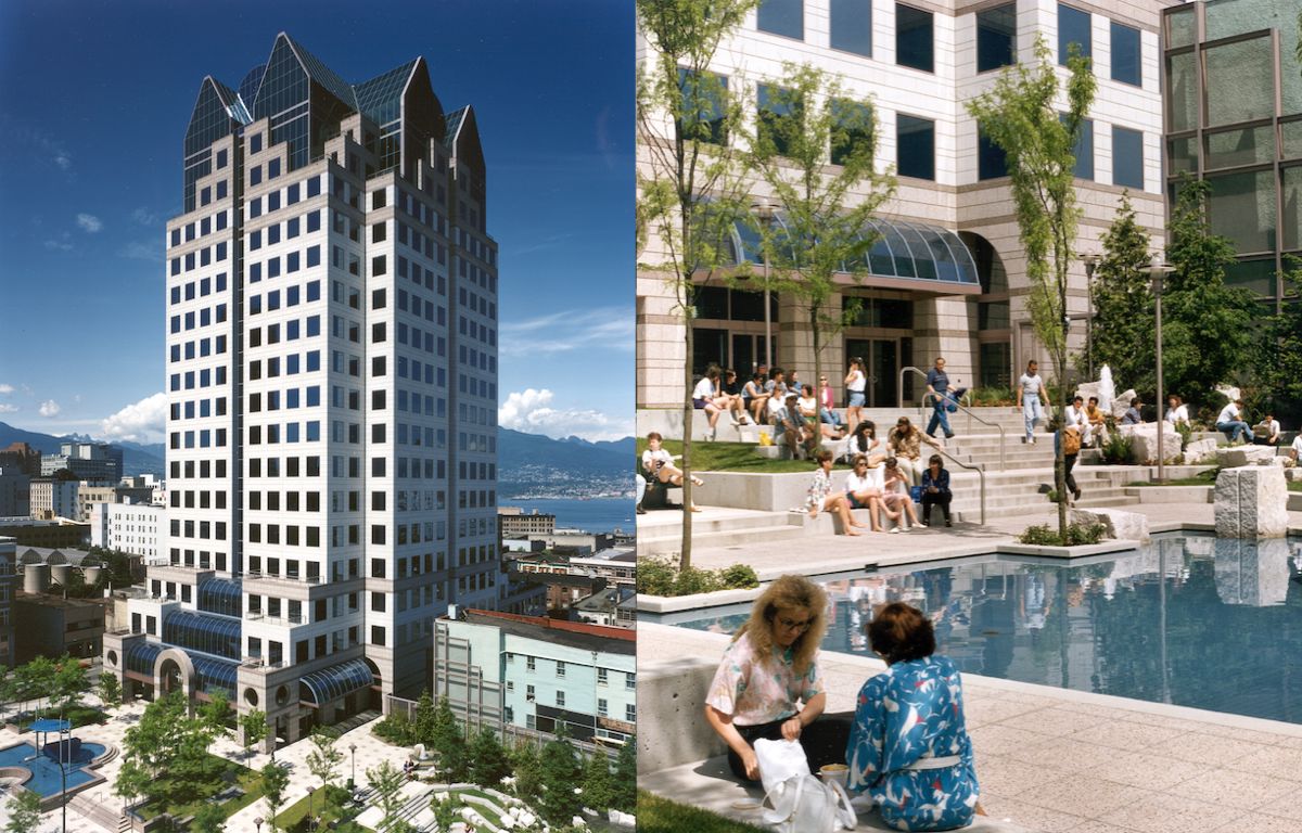 Left: A giant building reaches up into the sky; beside it, the Del Mar, small and painted blue. Right: People with &rsquo;80s haircuts and in &rsquo;80s fashions cluster around a water feature in front of the BC Hydro building.