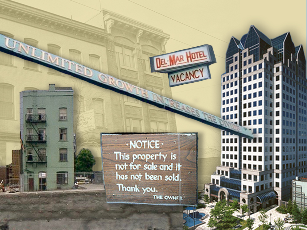 A collage shows a mix of vintage and contemporary photos from the Del Mar Hotel and the BC Hydro building. It also includes signs reading 'Del Mar Hotel: Vacancy,' 'Unlimited Growth Increases the Divide' and 'NOTICE: This property is not for sale and has not been sold. Thank you. The owner.'