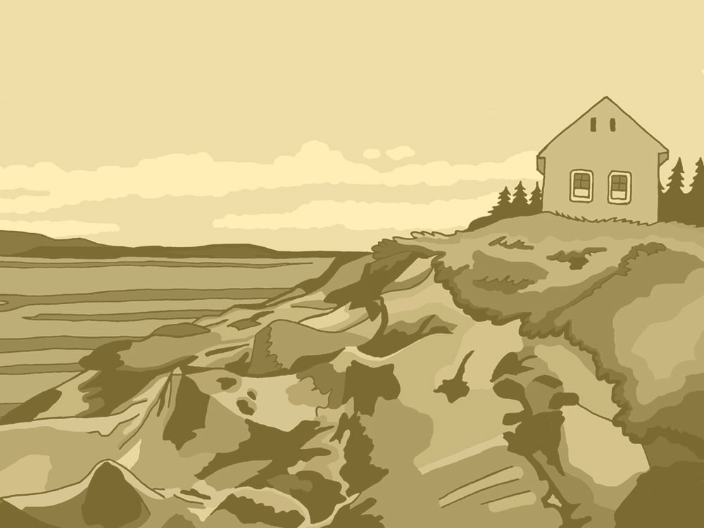 A black and white illustration with an orange-yellow overlay. A small cabin sits near the shoreline on an island.