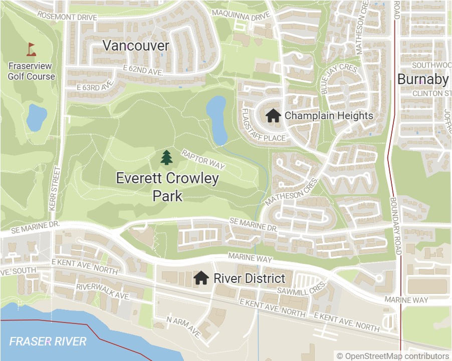 An aerial map of Everett Crowley Park, bordered by Kerr Street, Boundary Road and Marine Drive. Surrounding the park is the Champlain Heights neighbourhood. To the left is the Fraserview Golf Course. To the south is Vancouver&rsquo;s River District.