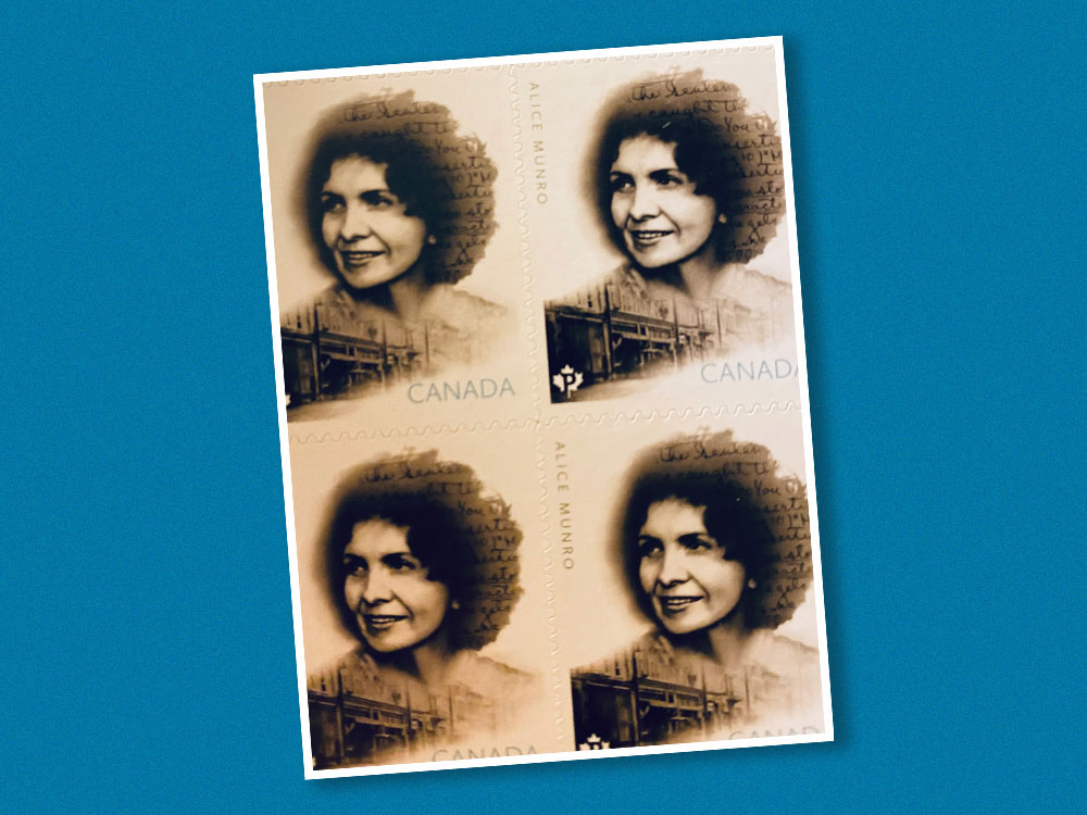 A bank of four Alice Munro stamps overlaid on a blue background.