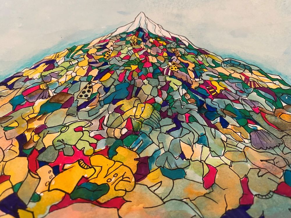A watercolour painting of a large pile of clothes making up a mountain with snow at the top. 