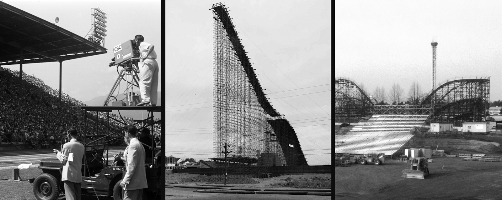 A three-panel collection of black and white photos depicts, from left, journalists in suits and a camera person standing on the roof of a golf cart in a stadium; a tall narrow ski jump reaching up to the sky; and a view of the base of the jump under construction.