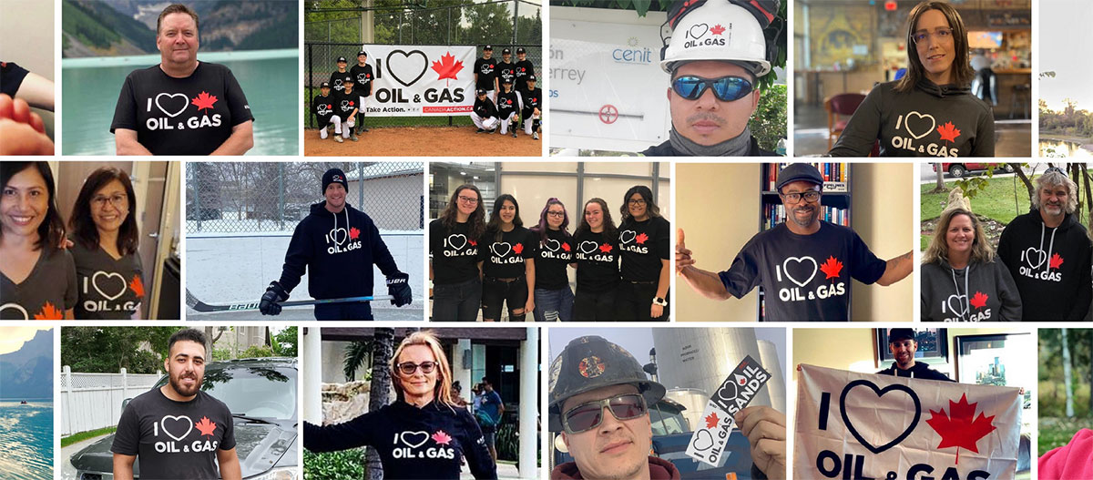 A collage of photos of different people wearing 'I Love Canadian Oil & Gas' clothing.