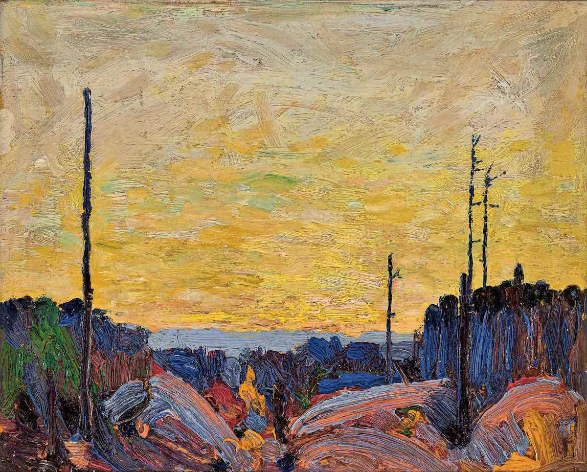 An oil painting depicts a yellow sky above a forest landscape ravaged by wildfire. Two bare tree trunks stand up above charred ground.
