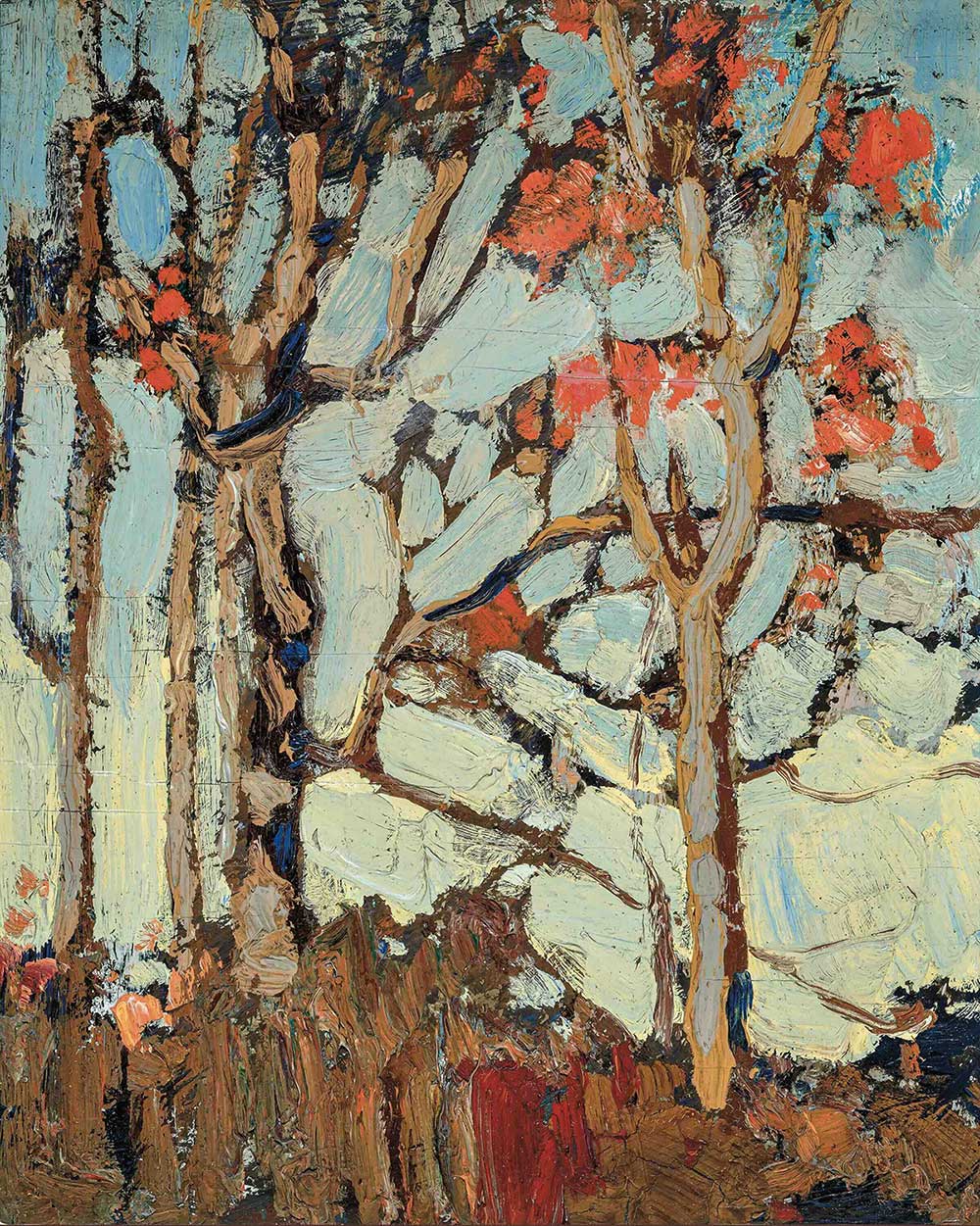 A vertical oil painting depicts a stand of deciduous trees in the fall. They are losing their leaves and the ones remaining on the tree are orange against a light blue sky.