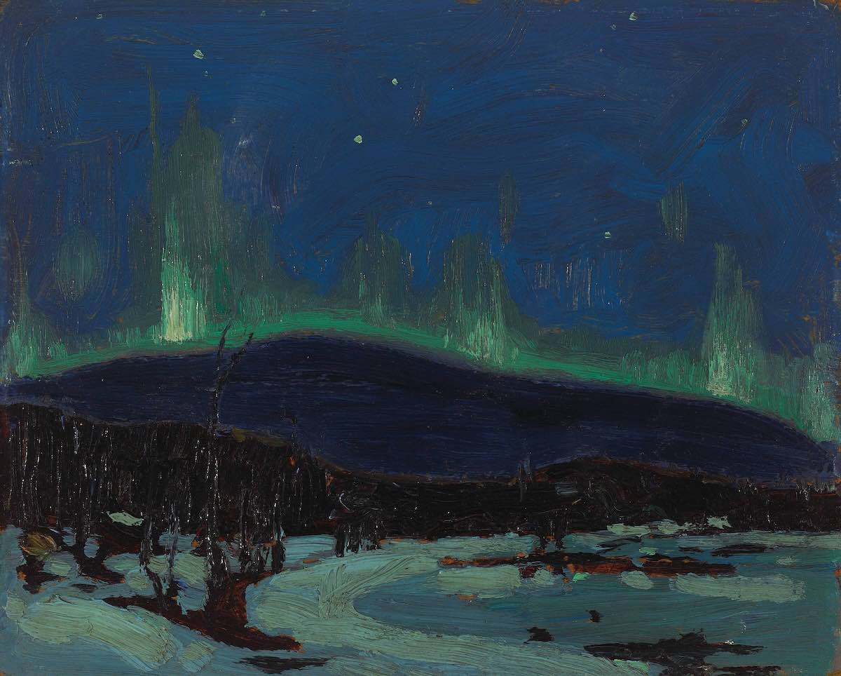 An oil painting depicts the northern lights in dark blue and green over a low dark mountain. In the foreground are small dark trees on snow by a river.
