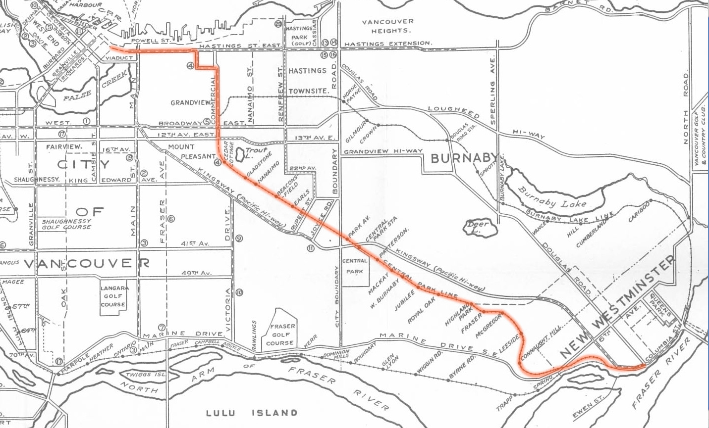 A map shows the interurban&rsquo;s Central Park Line running from downtown Vancouver out to New Westminster. For a chunk of time, the line runs parallel to Kingsway.