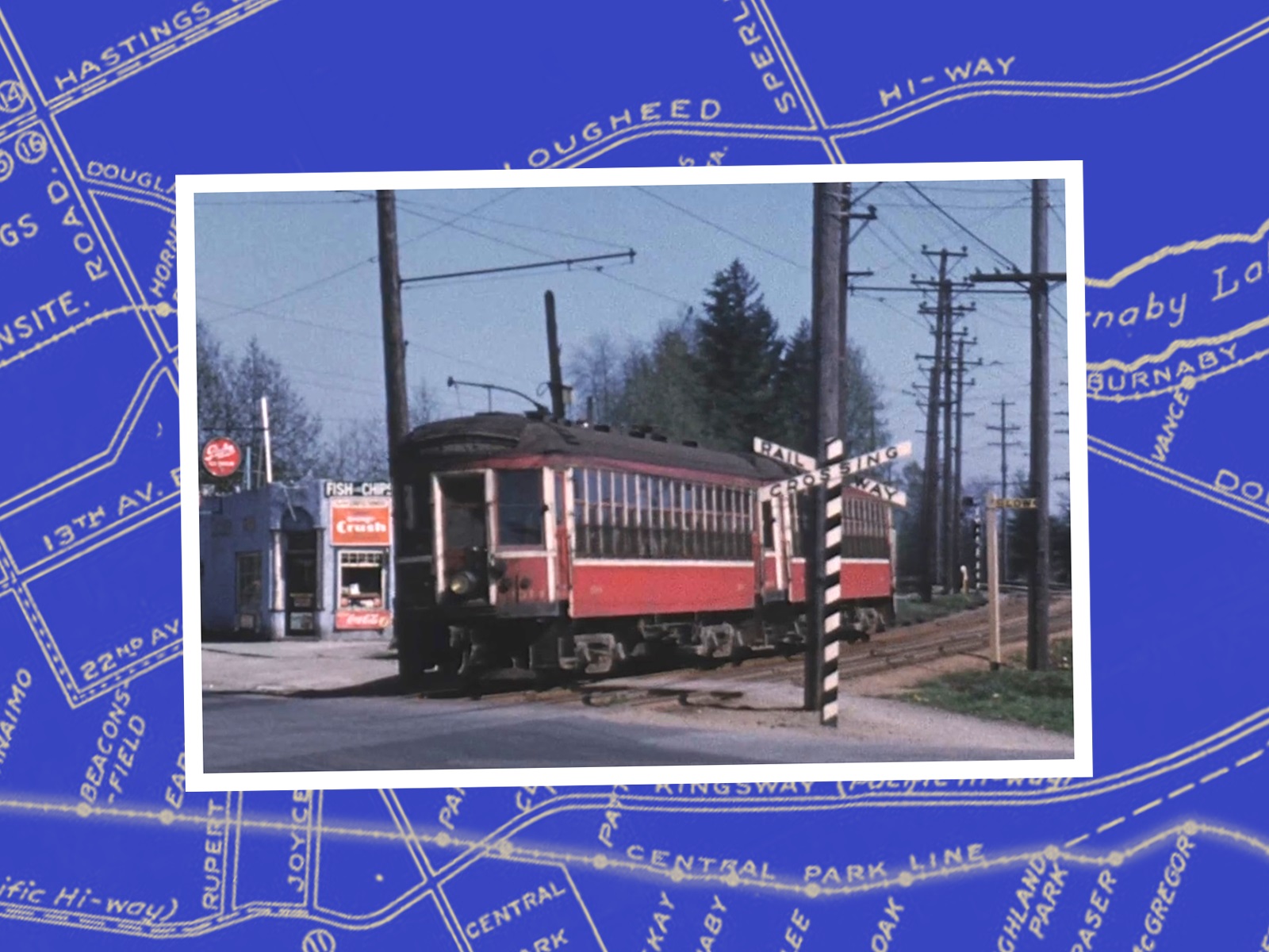 In the foreground, an old red trolley car rests on tracks. In the background, a section of the 1936 Wrigley&rsquo;s transit map of the Central Park Line that connected Vancouver, Burnaby and New Westminster.