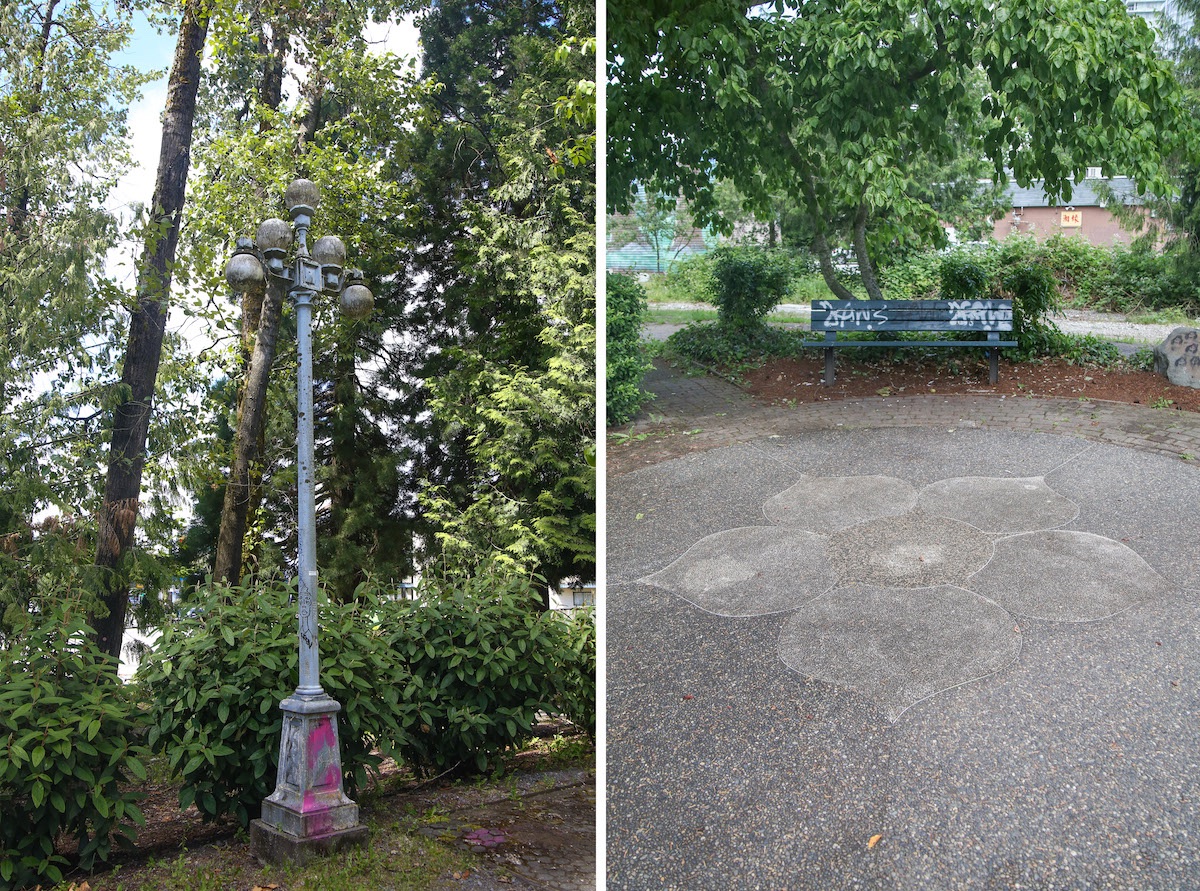 On the left, an old-school lamppost. On the right, a green park bench in a little parkette.