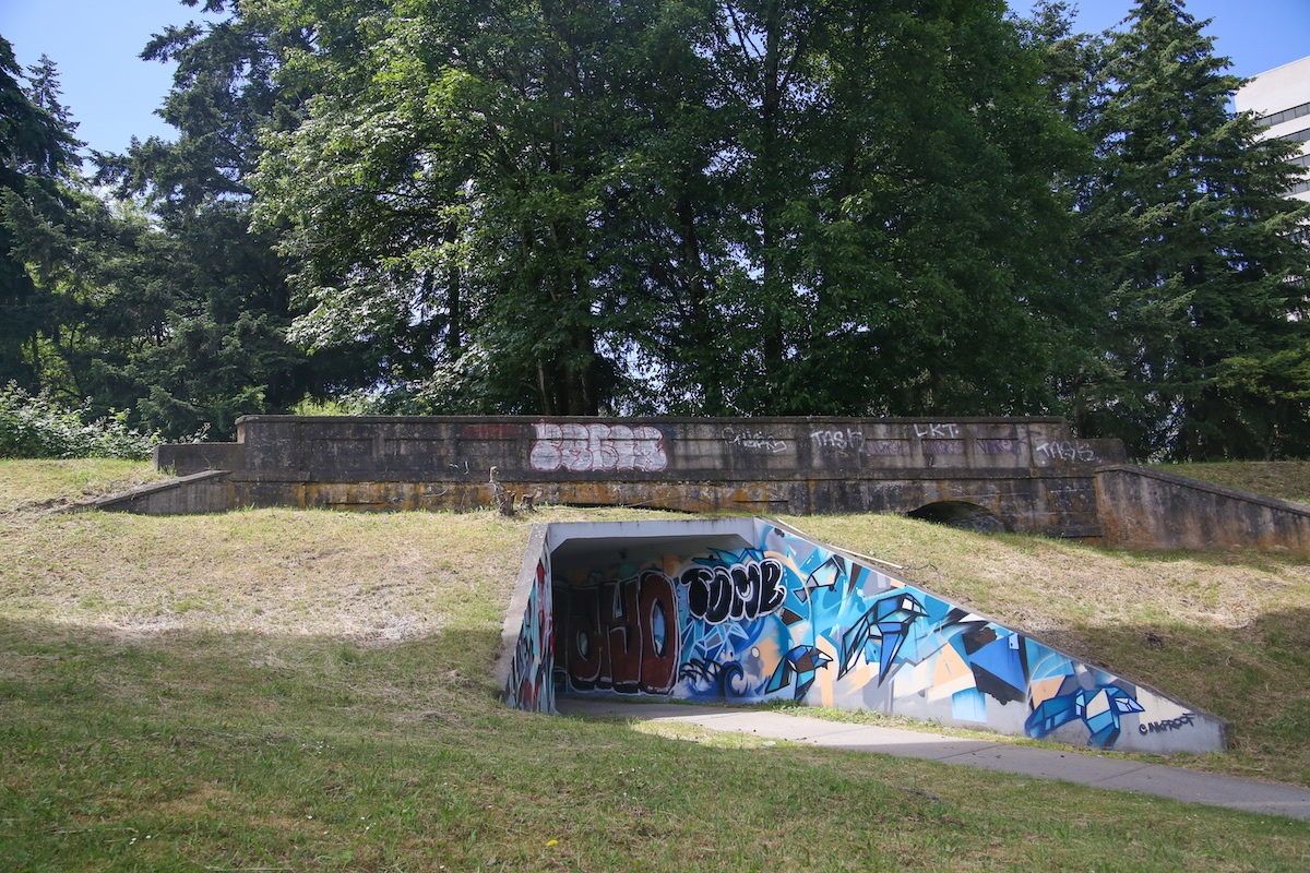 A graffitied tunnel runs under and through a mound of grassy dirt. A paved walking path runs through the tunnel.