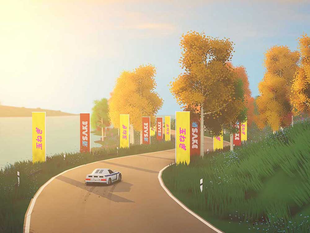 A sunny digital landscape depicts a small white race car driving down a winding road lined with lush fall trees and green grass. The sky is gold and blue.