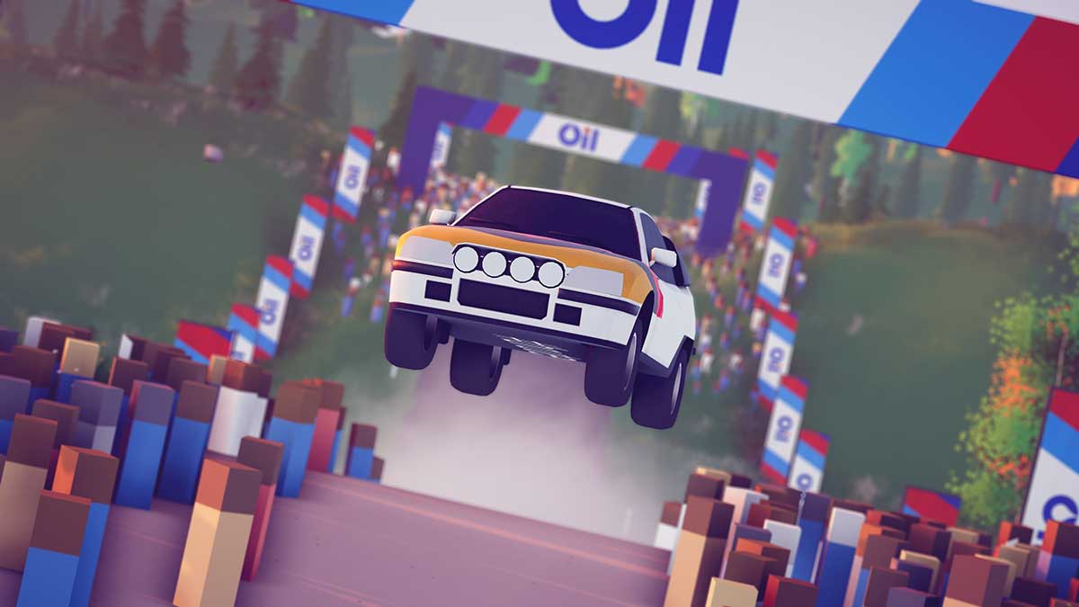 A yellow, white and blue race car jumps in the air across a colourful digital landscape marked with short vertical pillars of different colours. Behind are blue and white banners that read “oil.”