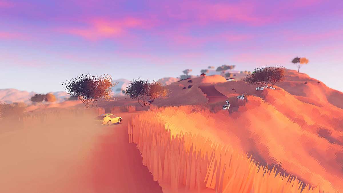 A lush digitally rendered landscape features a purple sky and orange fields. A small race car winds around a bend with a cloud of golden dust trailing behind it.