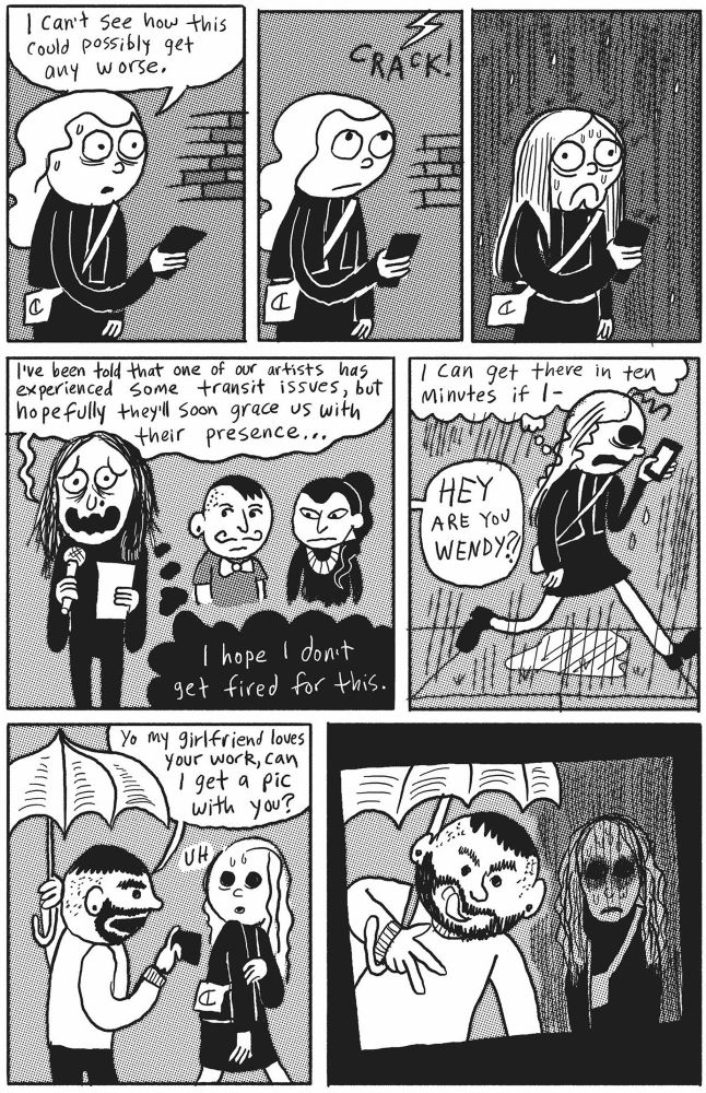 A black and white graphic novel page depicts a protagonist getting caught in the rain on the way to an art event, and then getting recognized in the street by the boyfriend of one of her fans. He invites her to take a selfie with him.