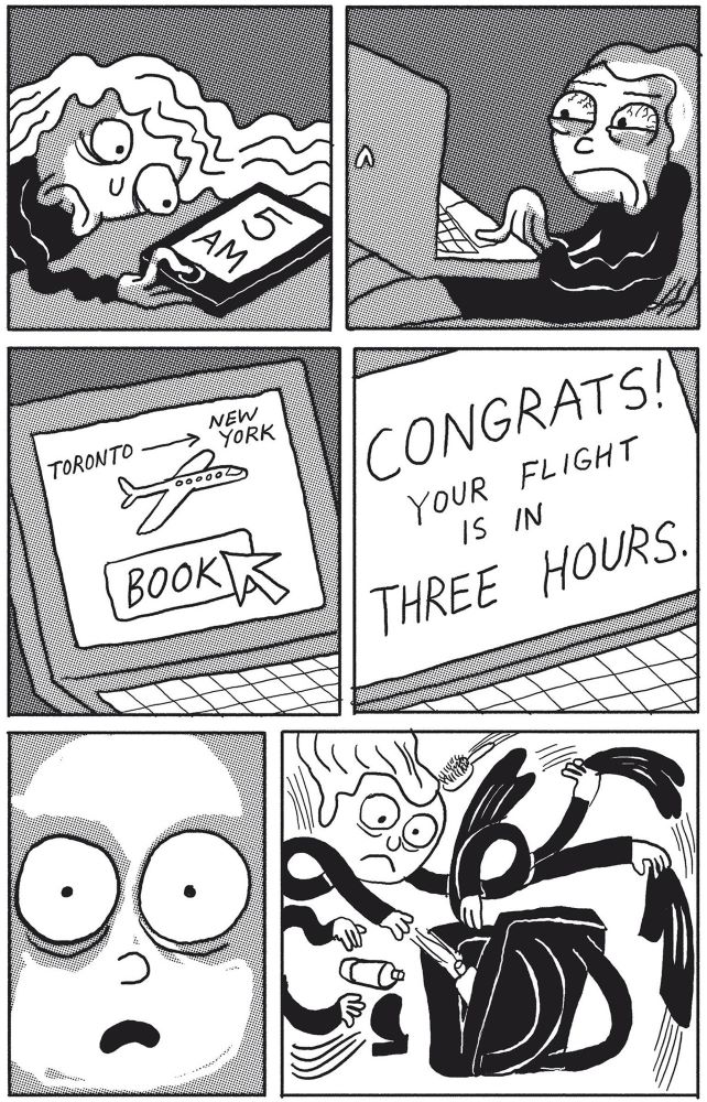 A black and white graphic novel page depicts a protagonist receiving news of a last-minute flight.