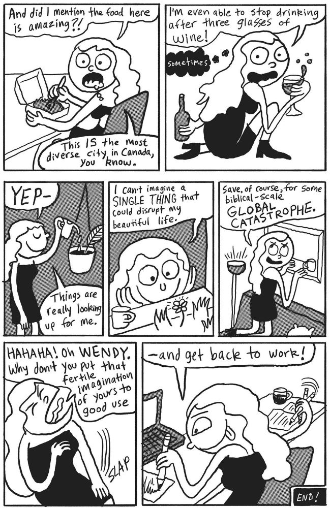 A black and white graphic novel page depicts a protagonist’s internal struggle with making art in a time of global crisis.