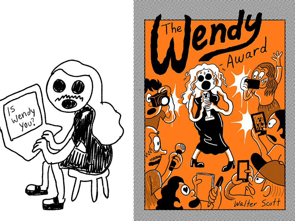 A two-panel image depicts, on left, a black-and-white cartoon character with long hair typing into a computer whose screen reads “Wendy, is that you?” On the right is the orange book cover image for <em>The Wendy Award</em>, featuring a protagonist at the centre holding an award and screaming.