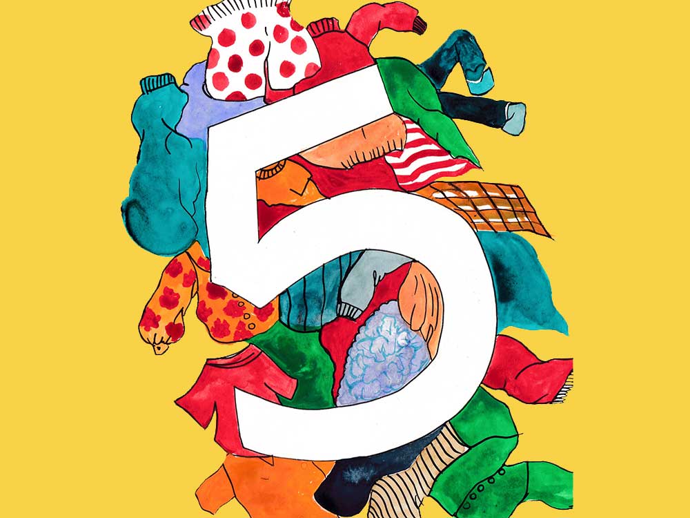 An illustrated number 5 floats in a sea of comic garments over a yellow background.