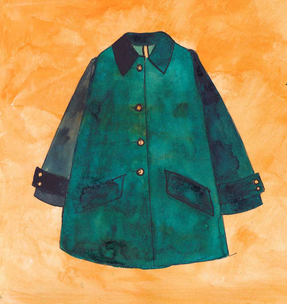 Illustration of a green navy coat on an orange background.
