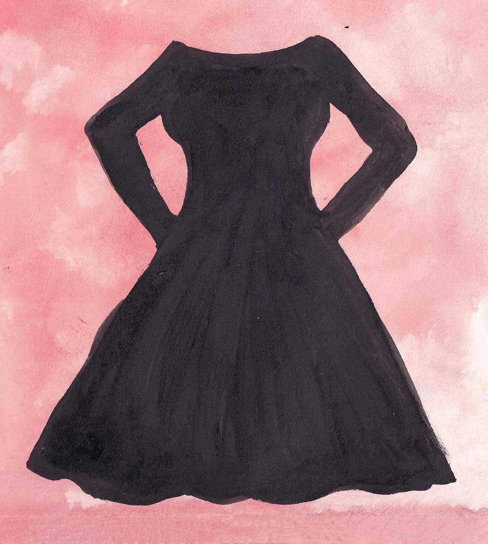 Illustration of a long-sleeved, boat-necked, knee-length black dress on a pink background.