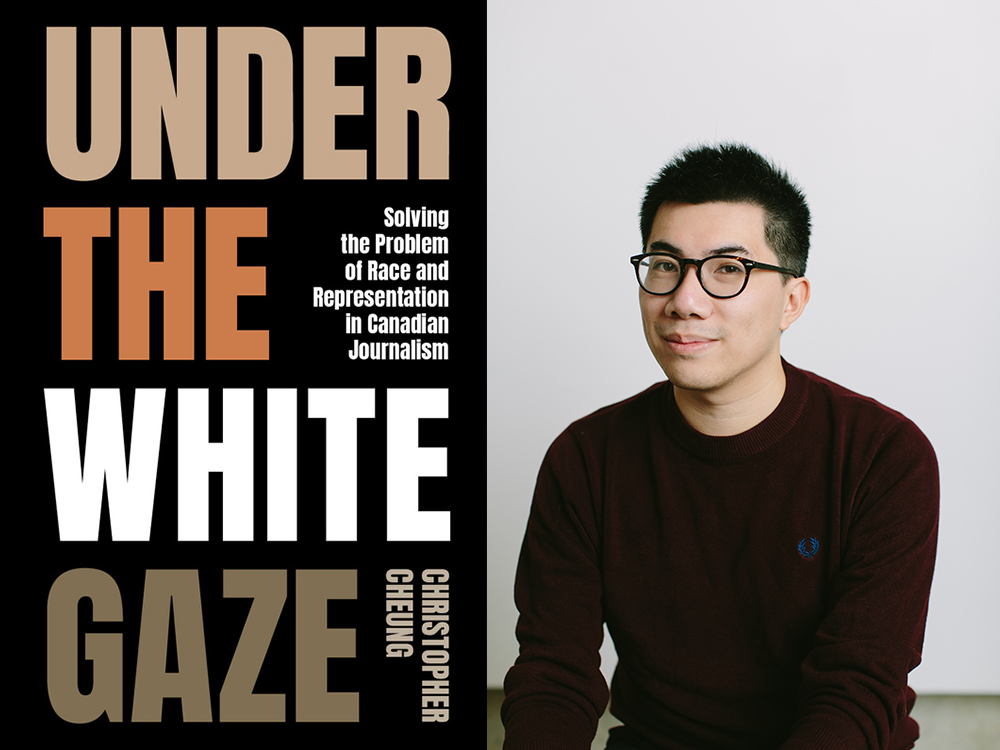 On the left, the cover of 'Under the White Gaze.' On the right, a photo of Christopher Cheung, a young man with medium-light skin tone and short dark hair, wearing glasses and a burgundy sweater. He is smiling slightly and looking directly at the camera.