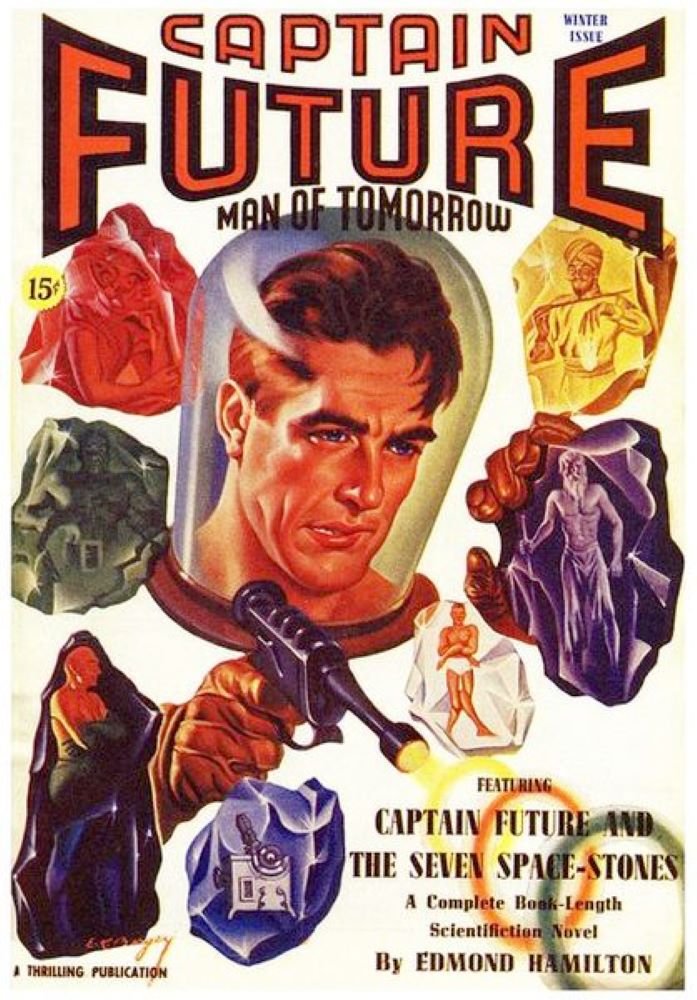 A 1941 pulp magazine cover features a white man’s head inside a glass tube set in red colourways. Around him are colourful gemstones that depict different mythological heroes. A disembodied hand holds a ray gun.