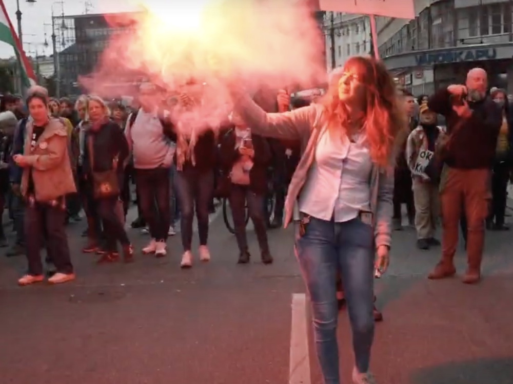 A woman holds a lit torch aloft; it is sparkling red, orange and smoking. She has long brown wavy hair, light skin and a grey cardigan over a white button-down and jeans. She is walking down the street among other protesters.