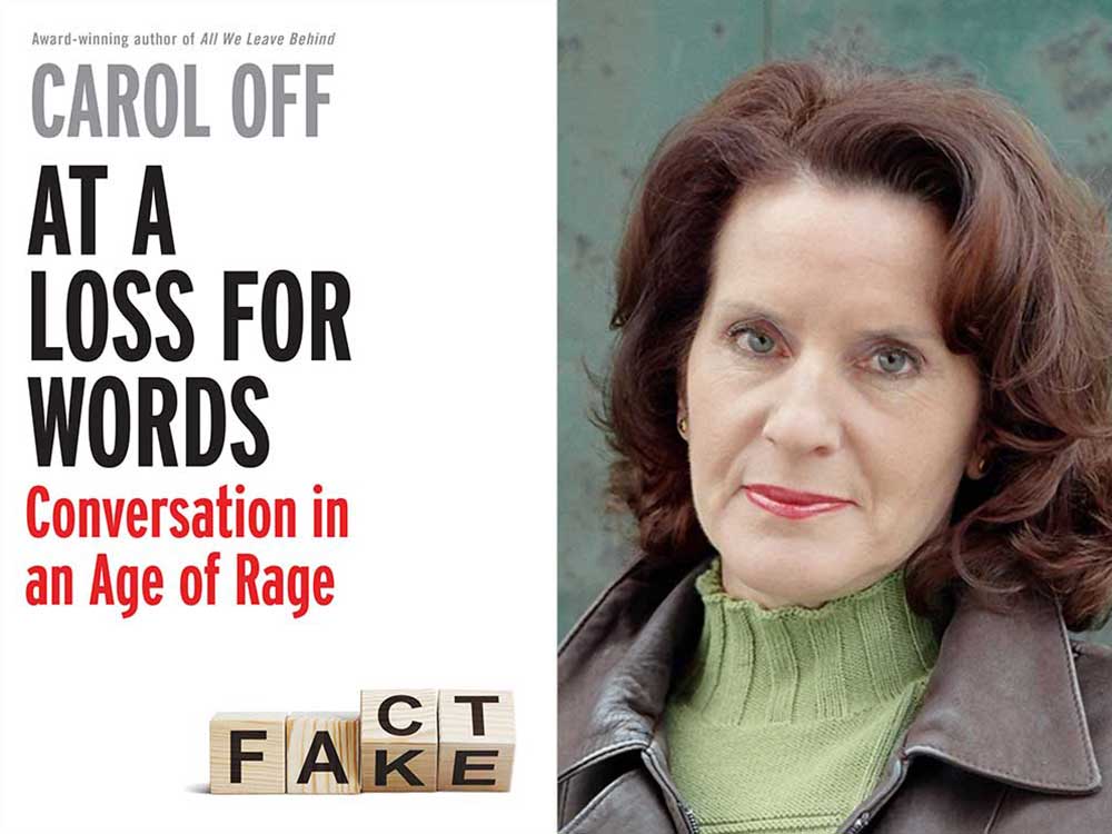 At left, a white book cover reads, 'At a Loss for Words.' Building blocks with letters spell 'FACT' turning to 'FAKE' at the bottom. At right, a middle-aged woman with light skin and curly chestnut hair wears an olive knit turtleneck and brown leather jacket. She is looking directly at the camera.