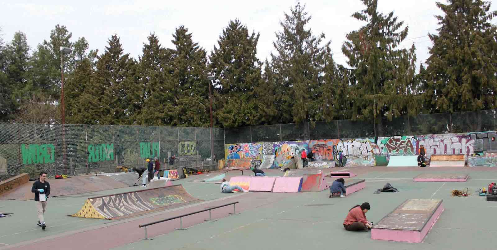 A horizontal photograph of the Courts on a grey day. A stand of coniferous trees looms over the park fitted with ramps and other skate park fixtures that people are busy repairing.