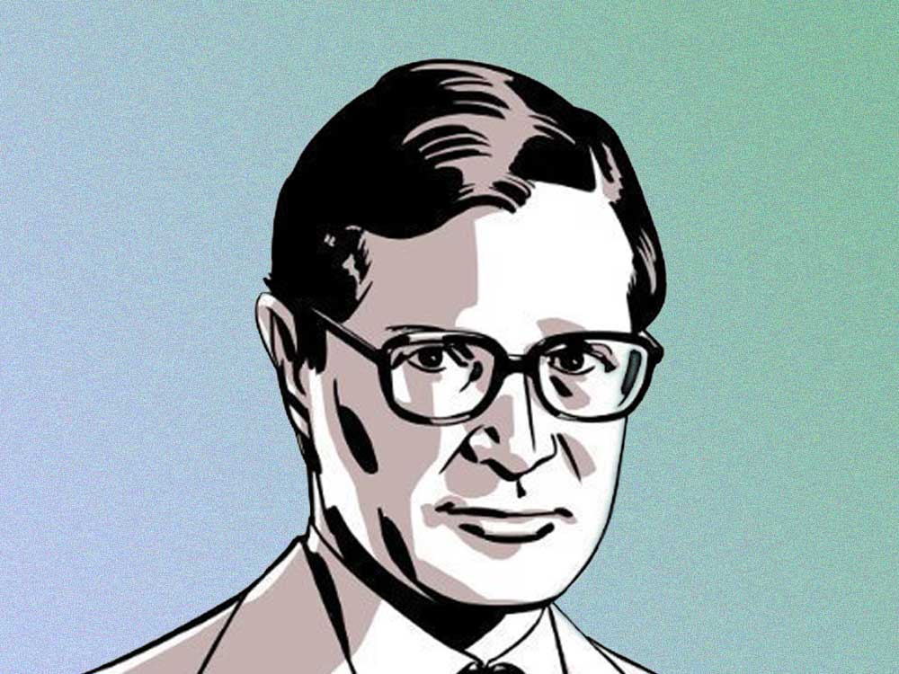 A graphic illustration of Derek Guy wearing a collared shirt, tie, suit jacket and glasses, looking directly forward. The background is awash in an bllue-greenp hue.
