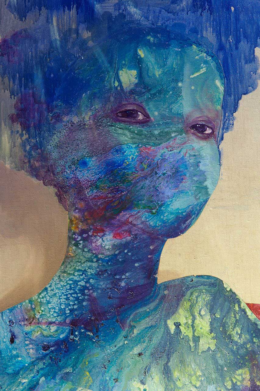 A hand-painted woman frame depicts a woman from the shoulders up. Only her eyes are visible, but her facial features are awash in blue and purple cosmic paint, creating a striking silhouette. 