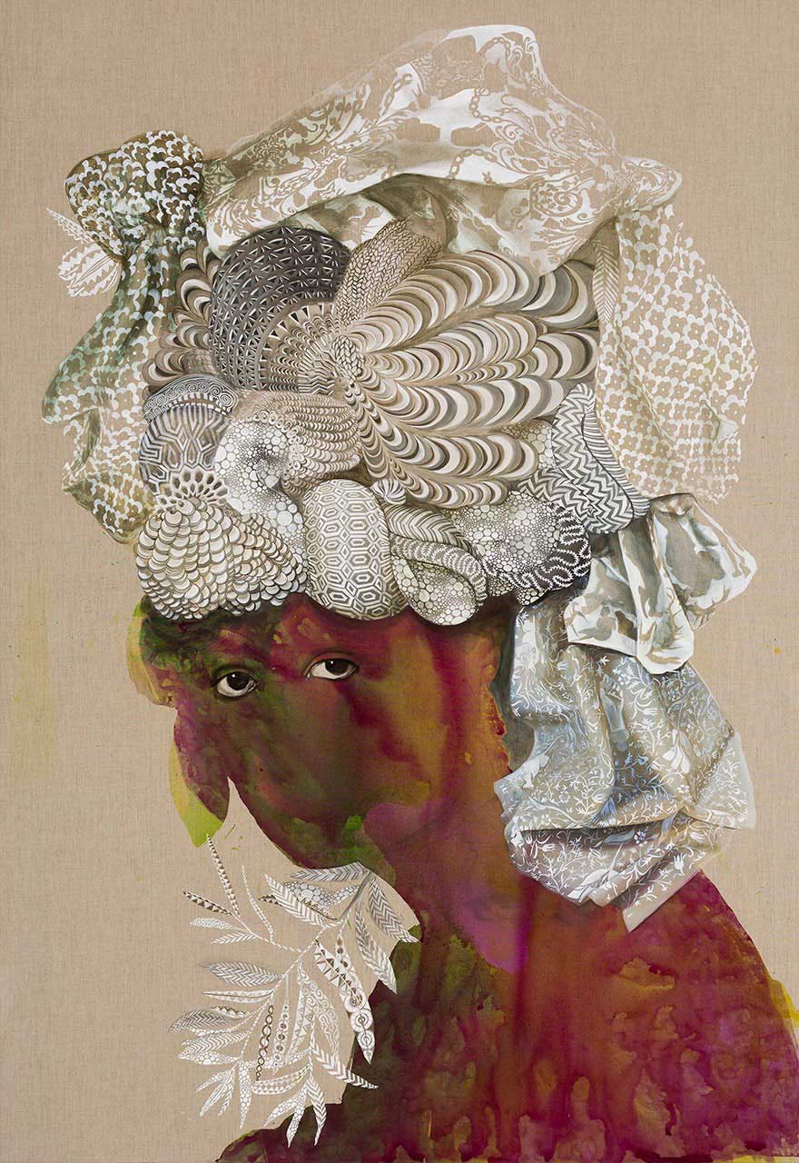 An abstract portrait of a woman in a light coloured, patterned tignon, a head covering that Black women were legislated to wear.