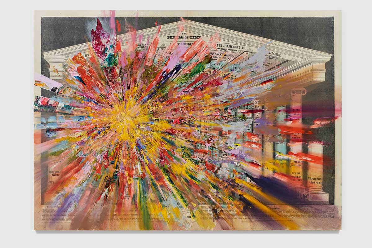 An oil and acrylic painting depicts an explosive radius of colour with a yellow sunburst-like shape to the left of the screen. The burst expands across a depiction of a light grey building with a wide, low triangular roof and a row of ionic columns. 