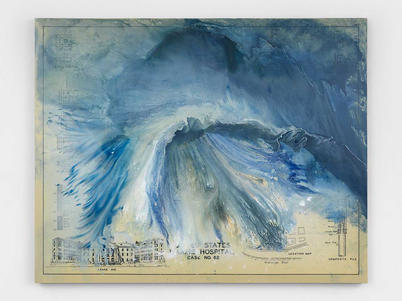 A painting of a blue tidal wave washes over a yellowing archival document from the United States Marine Hospital.