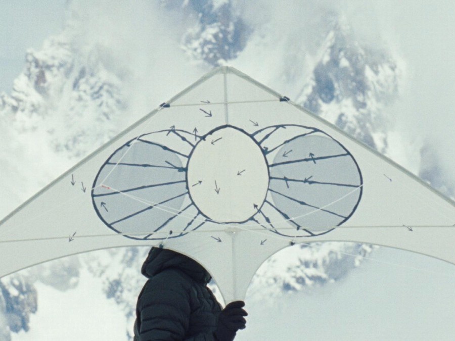 A person in a dark puffy winter jacket holds a white triangular kite with an abstract butterfly pattern on it against a white snowy background.