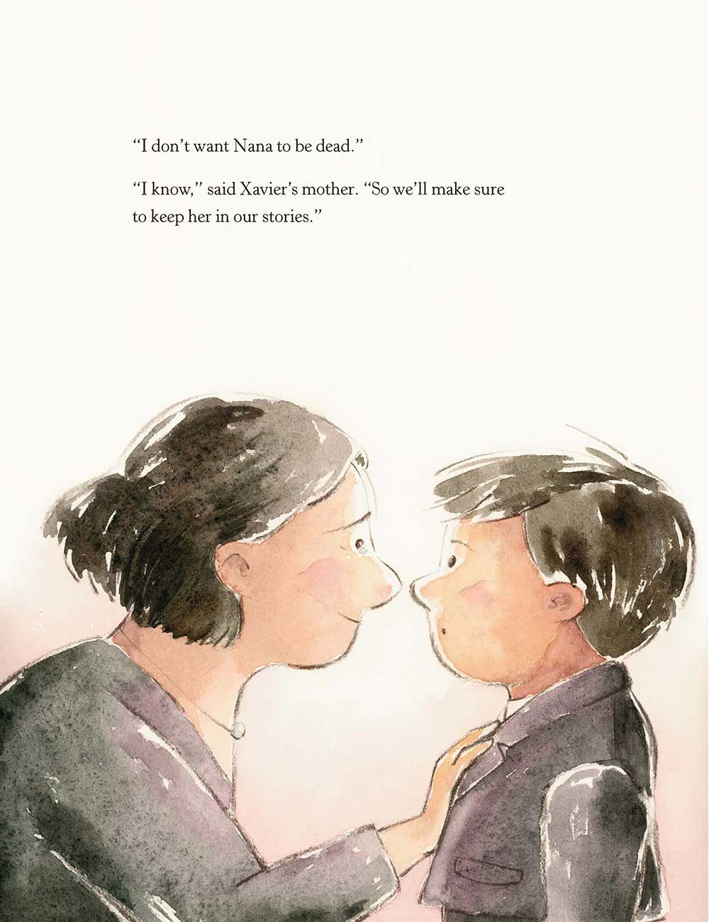 An excerpt from a children’s picture book features a watercolour illustration of a mother with short dark hair to the left of the frame, bending to face her young son. At the top of the page are two lines of dialogue about a character named Nana’s recent death.