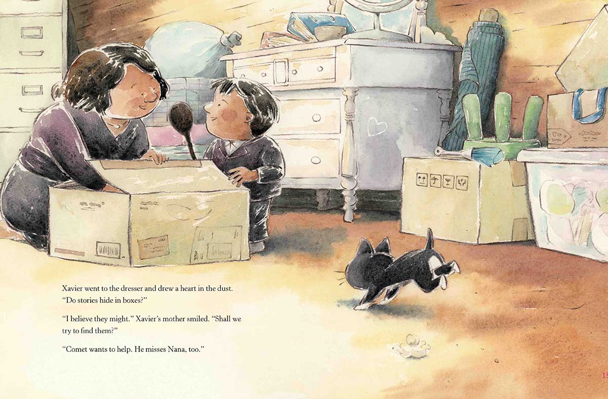 A two-page spread of a children’s picture book depicts a mother in an attic with her young son, kneeling beside an old cardboard box and talking while a small black cat runs in the foreground.