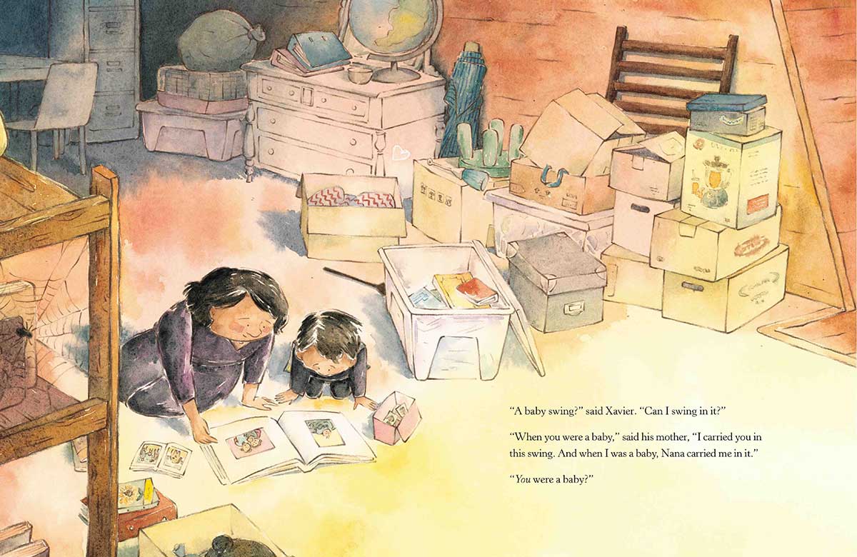 A two-page spread of a children’s book depicts a mother and her young son kneeling in an attic, poring over an old photo album. Lines of dialogue describe how a green baby swing was used to carry the son as a baby, and how the swing was also used for the mother when she was a child.