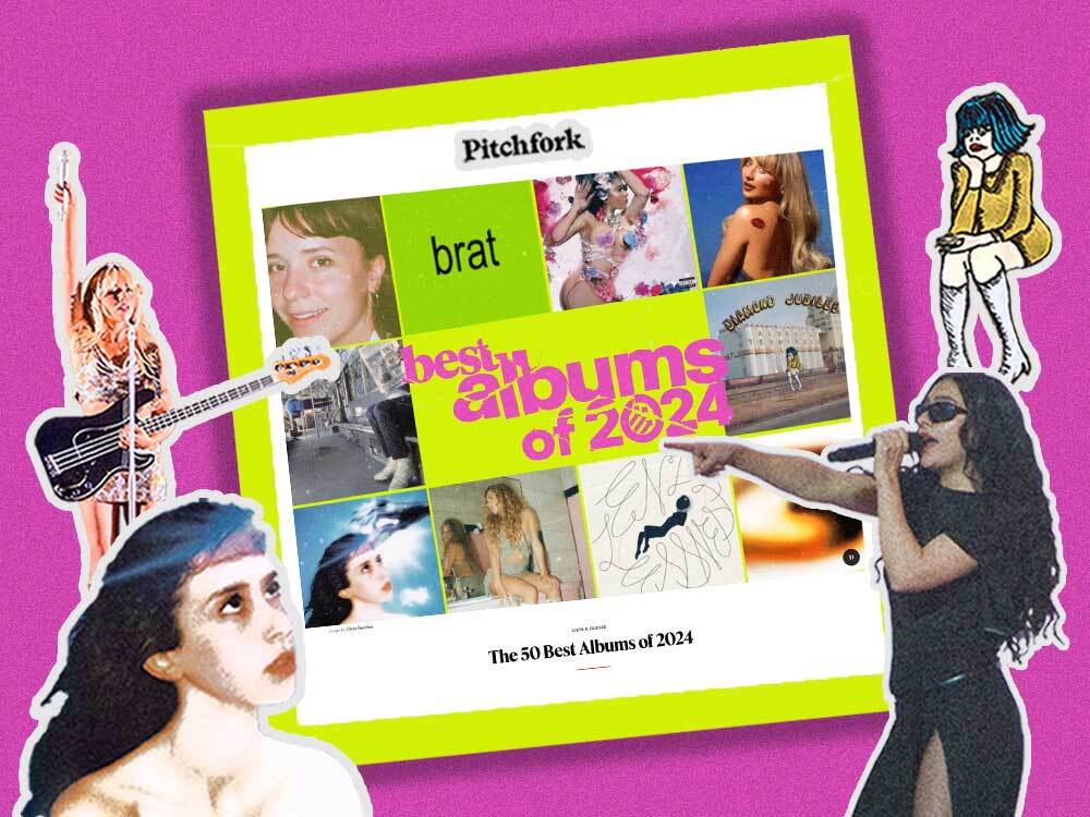 A screenshot of album covers surround text that reads 'best albums of 2024.' Cutouts of various artists surround the screenshot across a textured magenta background.
