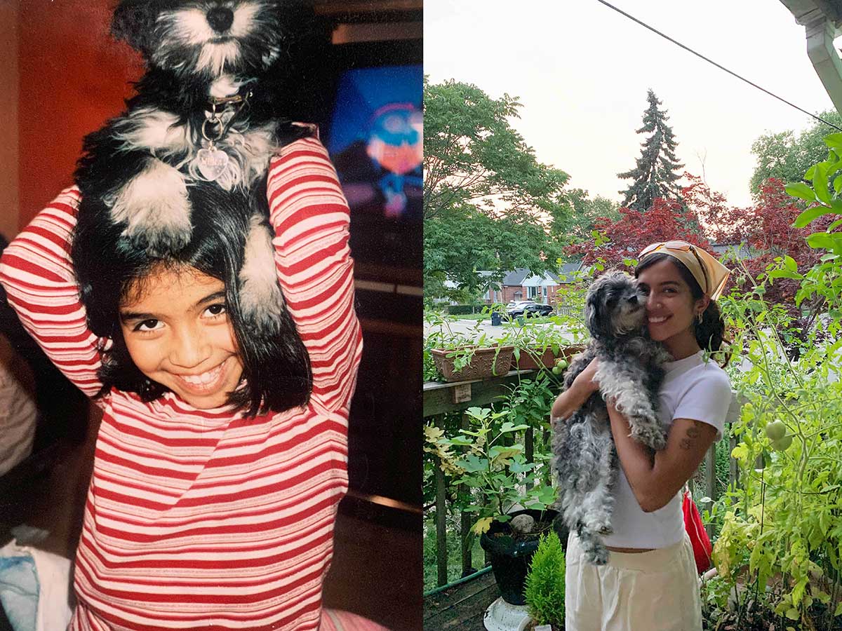 Two photos side by side. At left, a young girl in a red and white striped shirt holds a fluffy dog on her head. She is smiling happily. At right, she is holding the dog as an adult on a balcony covered in plants.