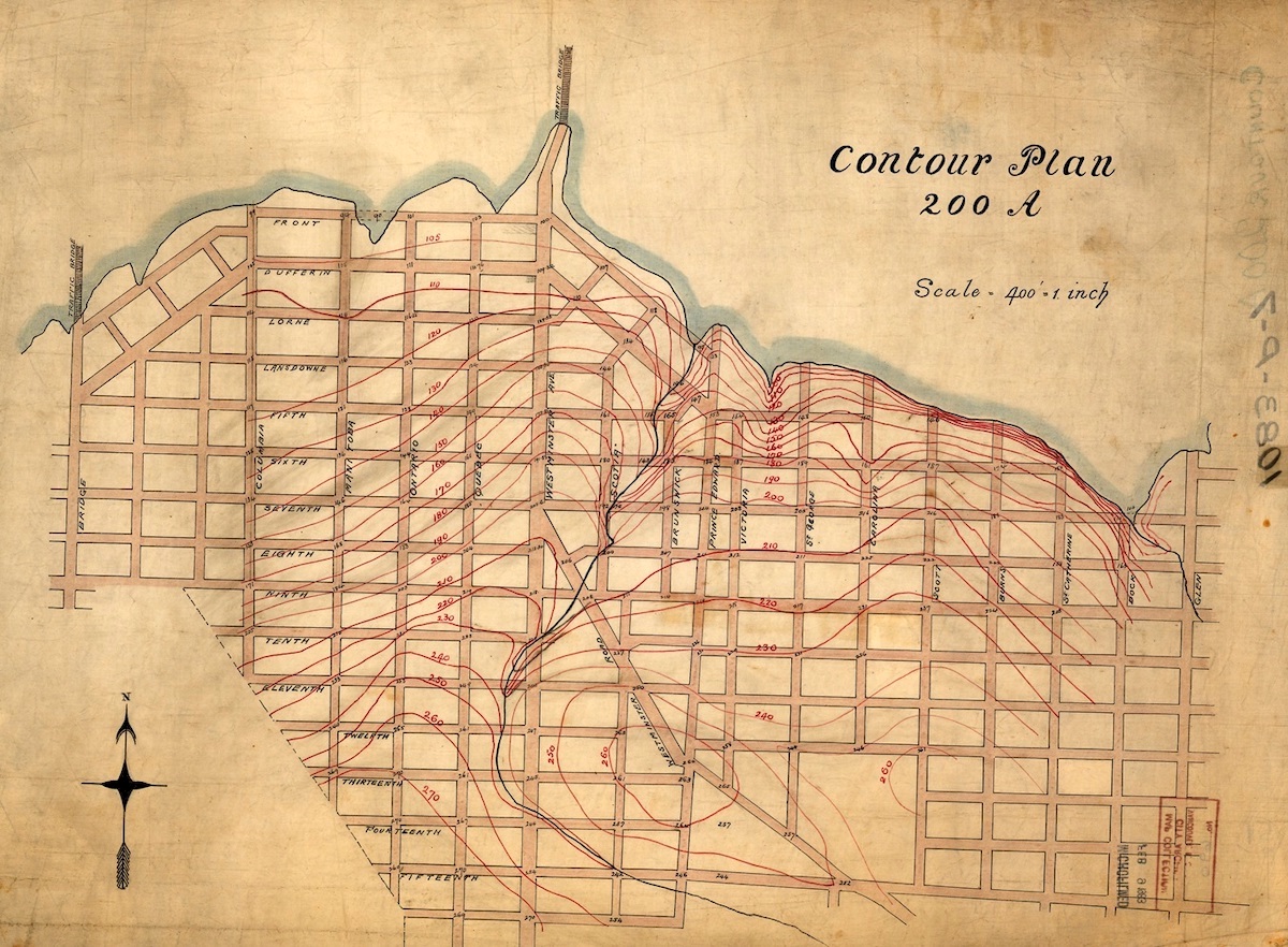 An archival map from the 1900s of Brewery Creek in Vancouver using light red and blue accents on a yellowing sheet of paper.
