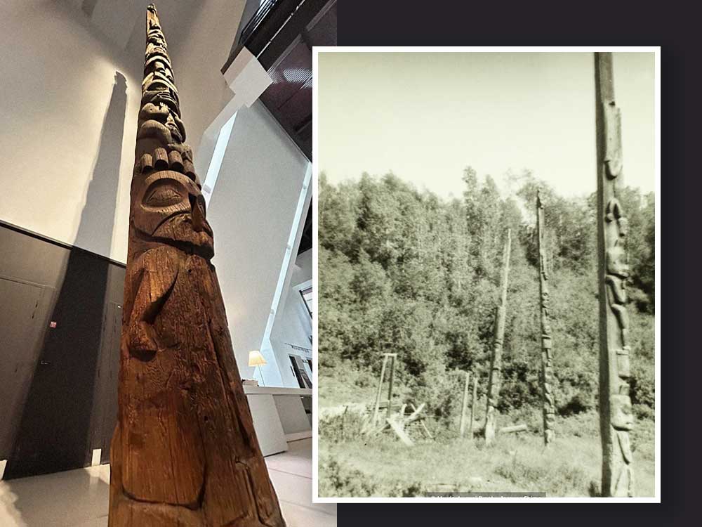 Two photos side by side. At left, a tall carved wooden pole, photographed from its base and looking up, appears against a white background. The pole is dark and weathered. At right, a black and white photo shows three totem poles in Hagwilget.