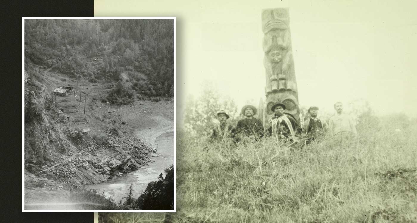 Left: A village by a river. A wooden structure is visible, with several totem poles between it and the river. Right: A black and white image shows five men, most wearing black suits from the early 20th century, posing in front of the K&rsquo;&euml;git pole.