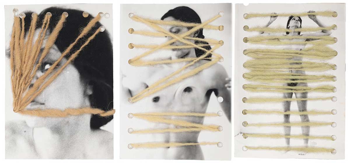 A three-panel image features black and white photographs of a nude woman behind thick streaks of light yellow paint.