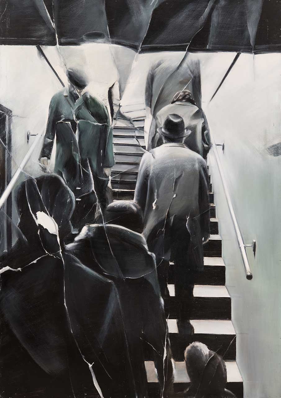 A black and white oil painting resembles a torn and creased photograph. It depicts people in long coats and hats ascending and descending a narrow set of stairs.