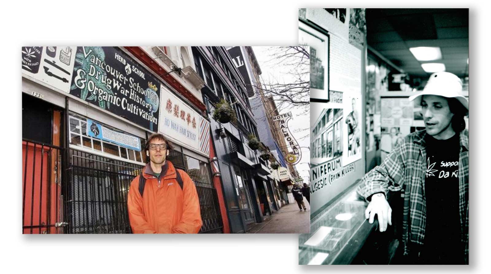 Two photos. On the left, a man with thick-rimmed glasses, tousled brown hair and a half-smile, half-smirk on his face stands in front of the Vancouver School of Drug War History and Organic Cultivation. On the right, a man wearing a light-coloured fedora stands with his arm on a glass class, looking into the glass case.
